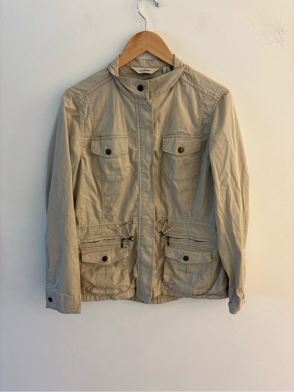 L.L. Bean Women’s Khaki Field Utility Jacket with Drawcord Waist, Size Medium.